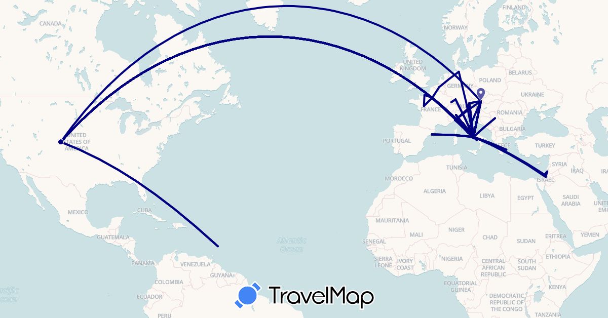 TravelMap itinerary: driving in Austria, Barbados, Belgium, Germany, Spain, France, United Kingdom, Greece, Israel, Italy, Palestinian Territories, Serbia, United States (Asia, Europe, North America)